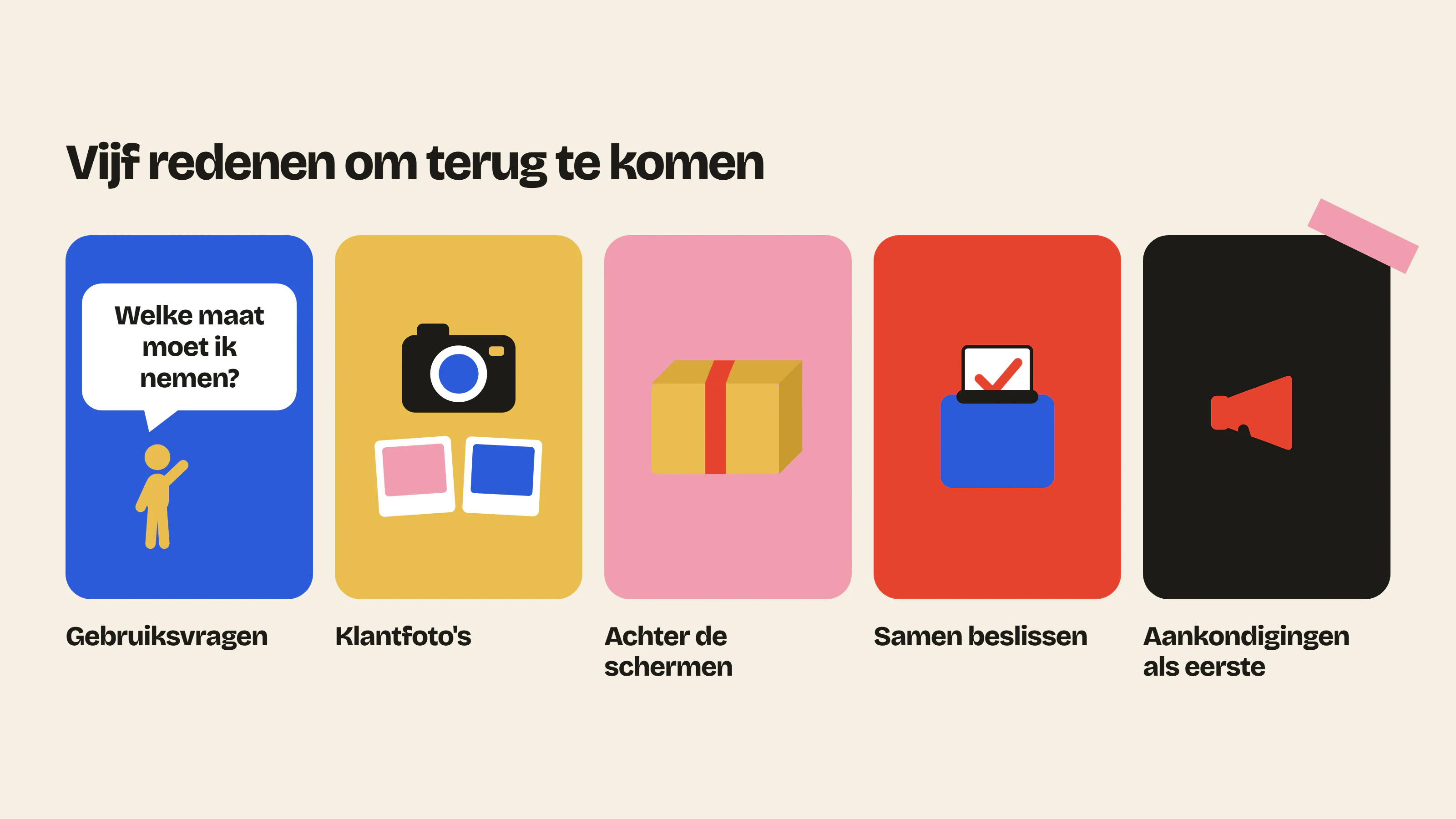 De vijf soorten content die een e-commerce community levend houden: gebruiksvragen, klantfoto’s, achter de schermen, samen beslissen en aankondigingen als eerste.