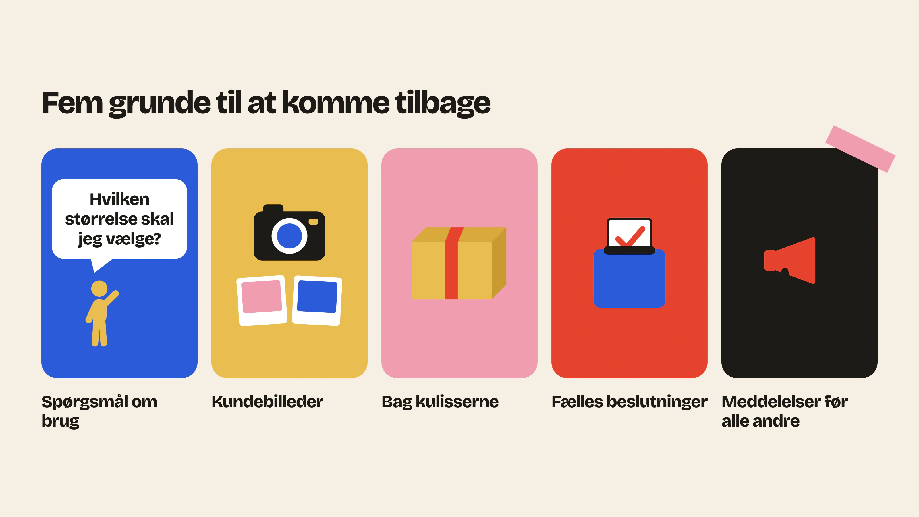 De fem typer indhold, der holder liv i et e-handelscommunity: spørgsmål om brug, kundebilleder, bag kulisserne, fælles beslutninger og meddelelser før alle andre.