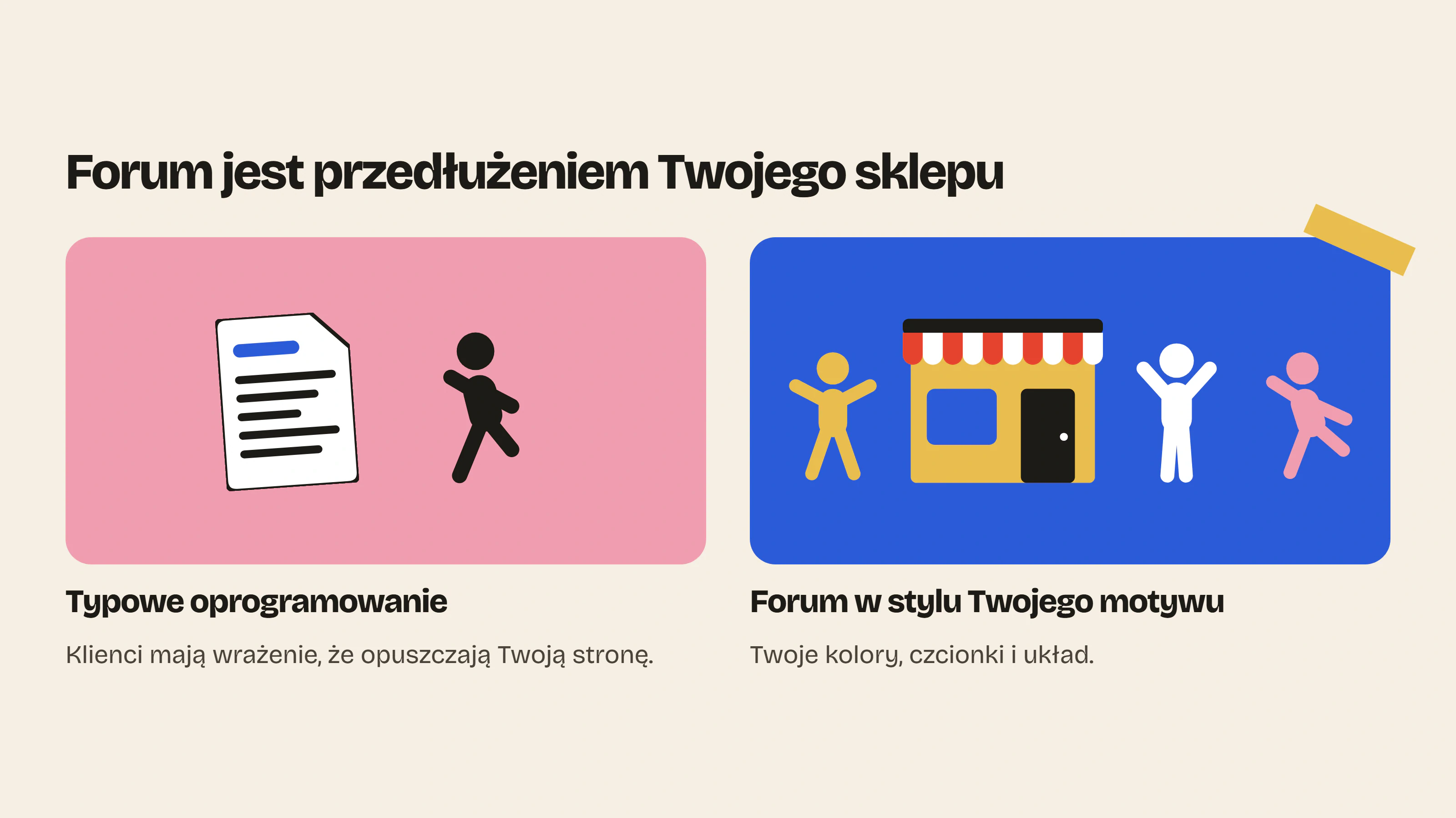 Forum Shopify, które wygląda jak typowe oprogramowanie, daje wrażenie opuszczania sklepu, a forum w kolorach i czcionkach Twojego motywu staje się jego przedłużeniem.