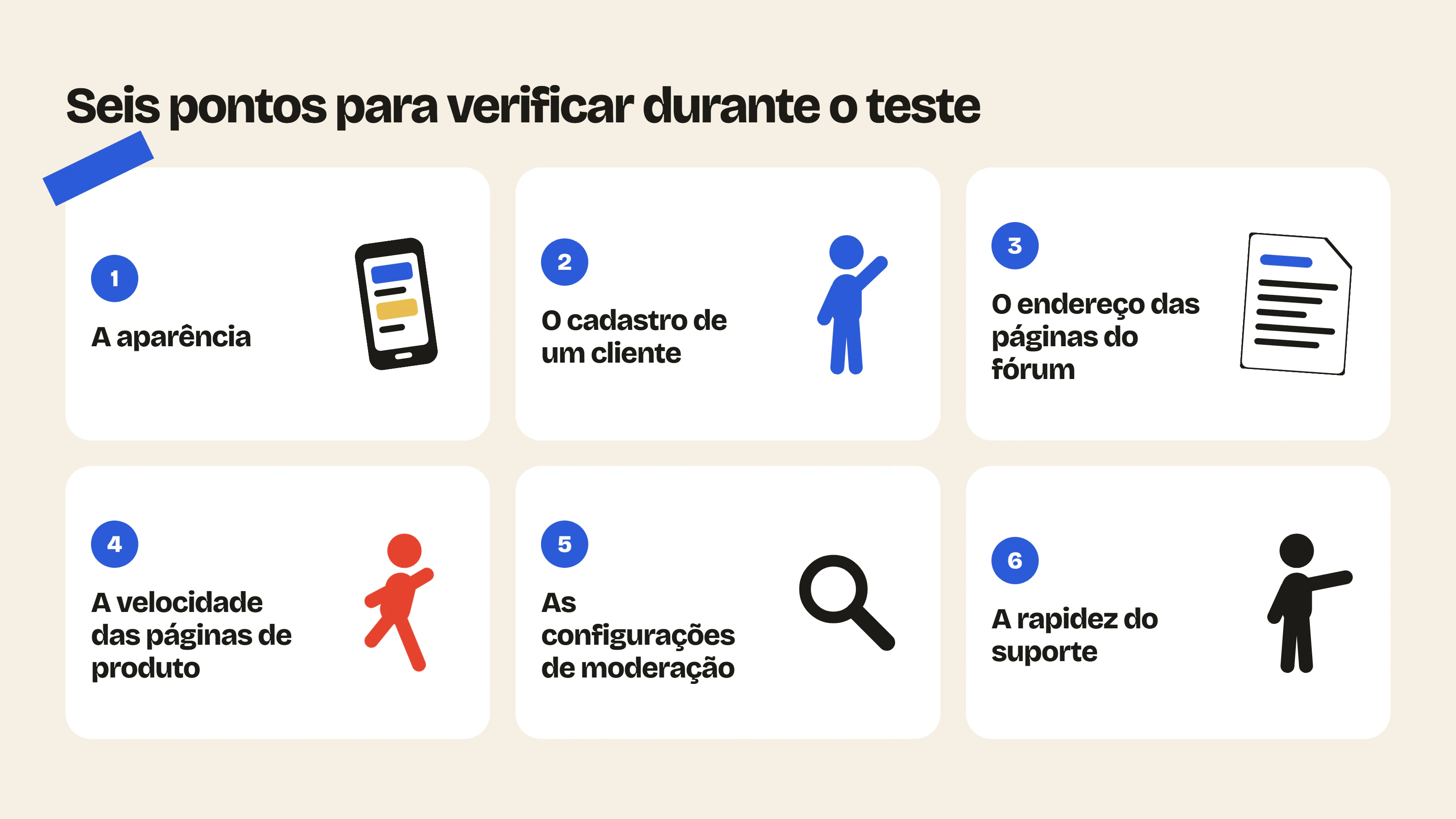 Durante o teste de um app de fórum Shopify, verifique a aparência, o cadastro, o endereço das páginas do fórum, a velocidade, a moderação e a rapidez do suporte.