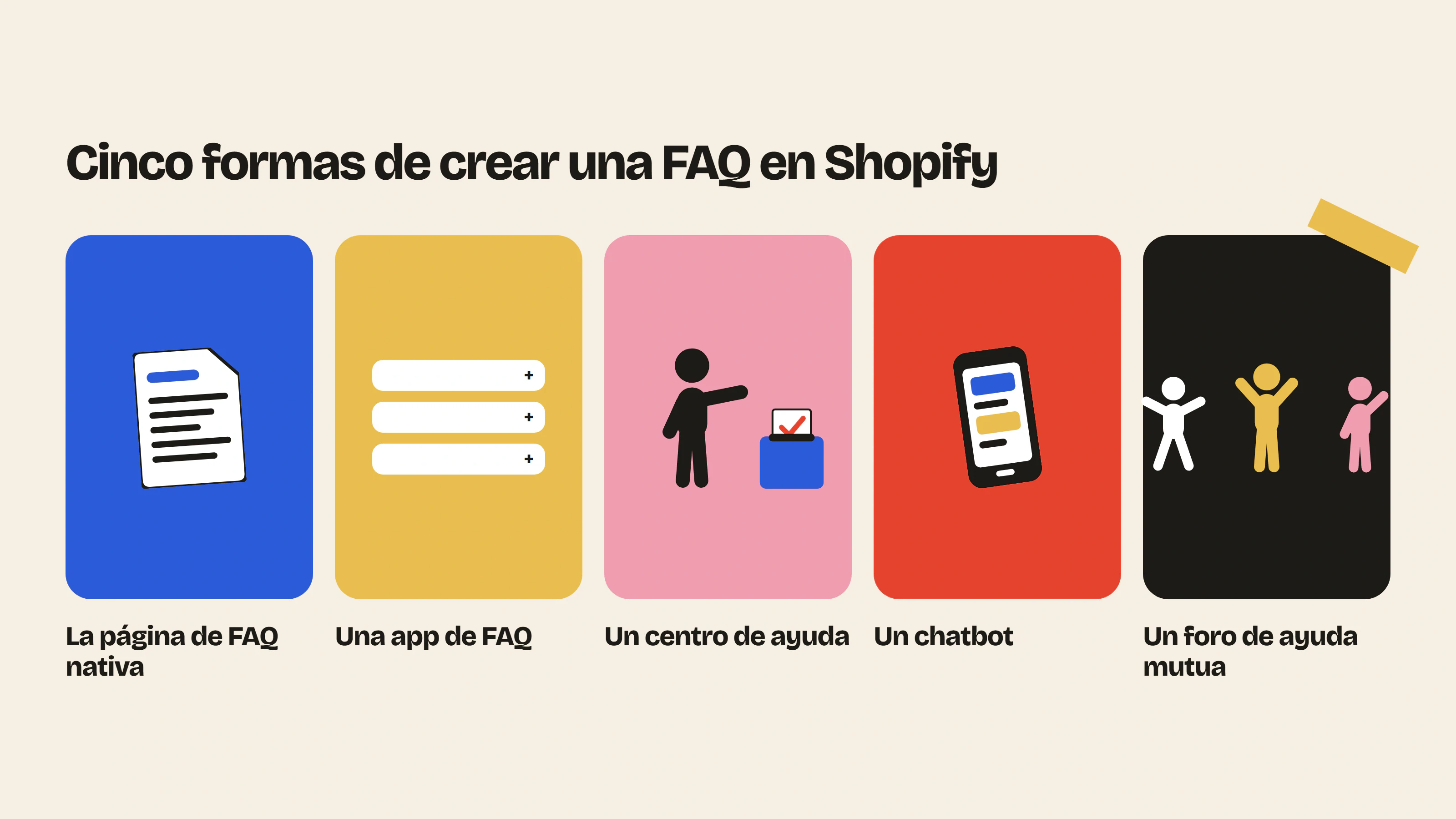Para crear una FAQ en Shopify puedes usar la página nativa del tema, una app de FAQ, un centro de ayuda, un chatbot o un foro de ayuda mutua entre clientes.