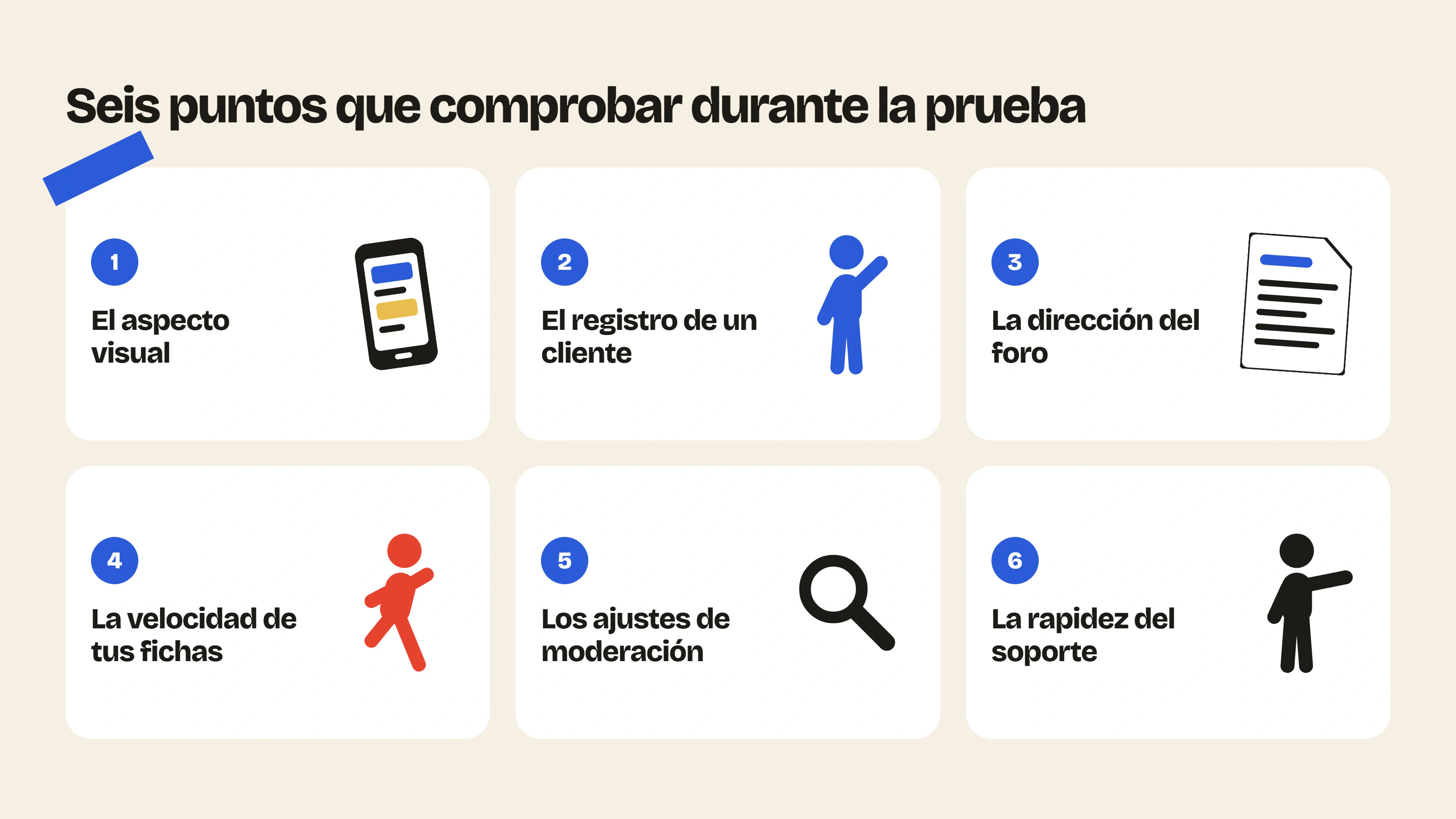 Durante la prueba de una app de foro para Shopify, comprueba el aspecto visual, el registro, la dirección de las páginas del foro, la velocidad, la moderación y el soporte.