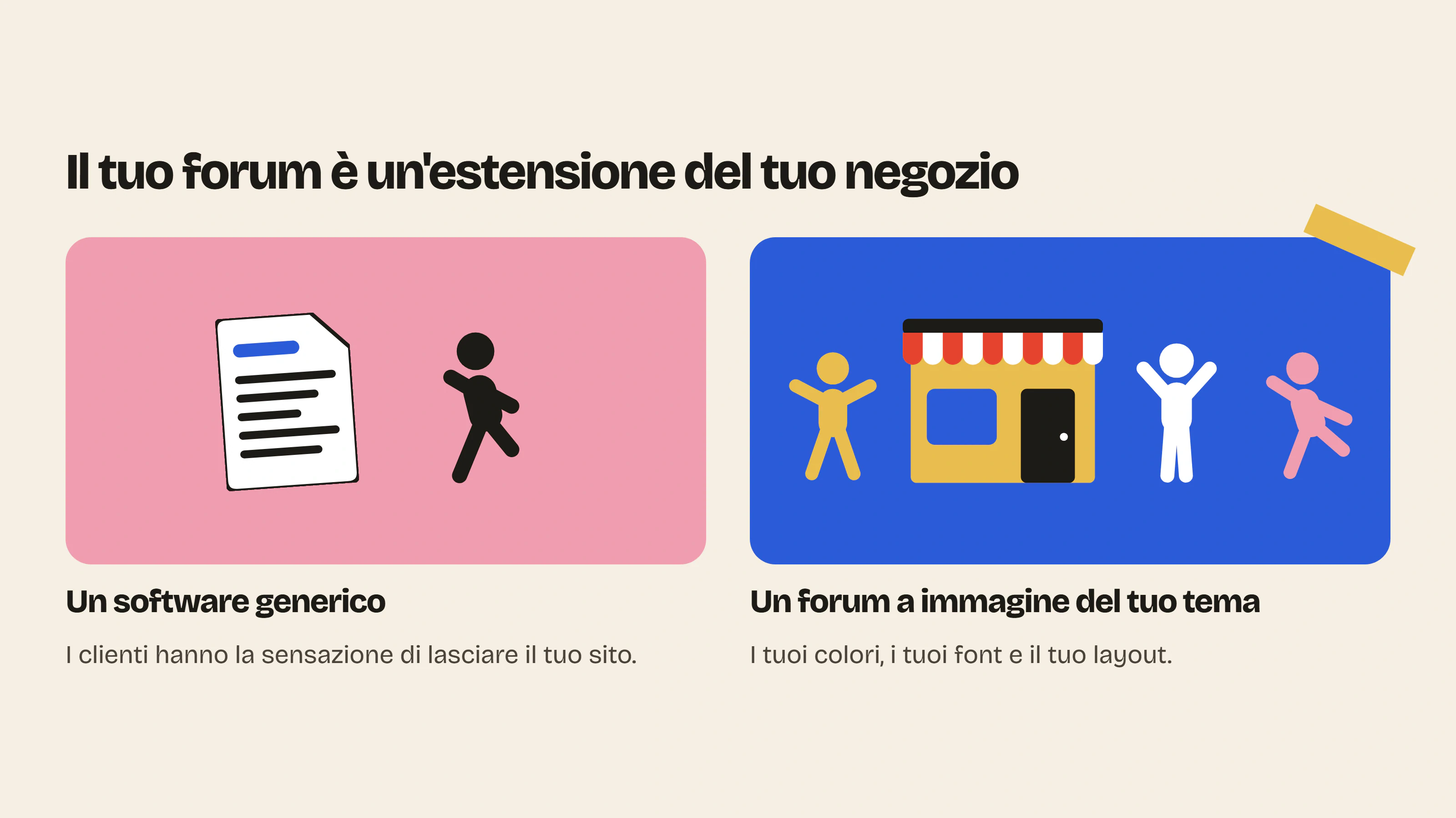 Un forum Shopify che sembra un software generico dà la sensazione di lasciare il negozio, mentre uno che riprende i colori e i font del tuo tema lo prolunga.