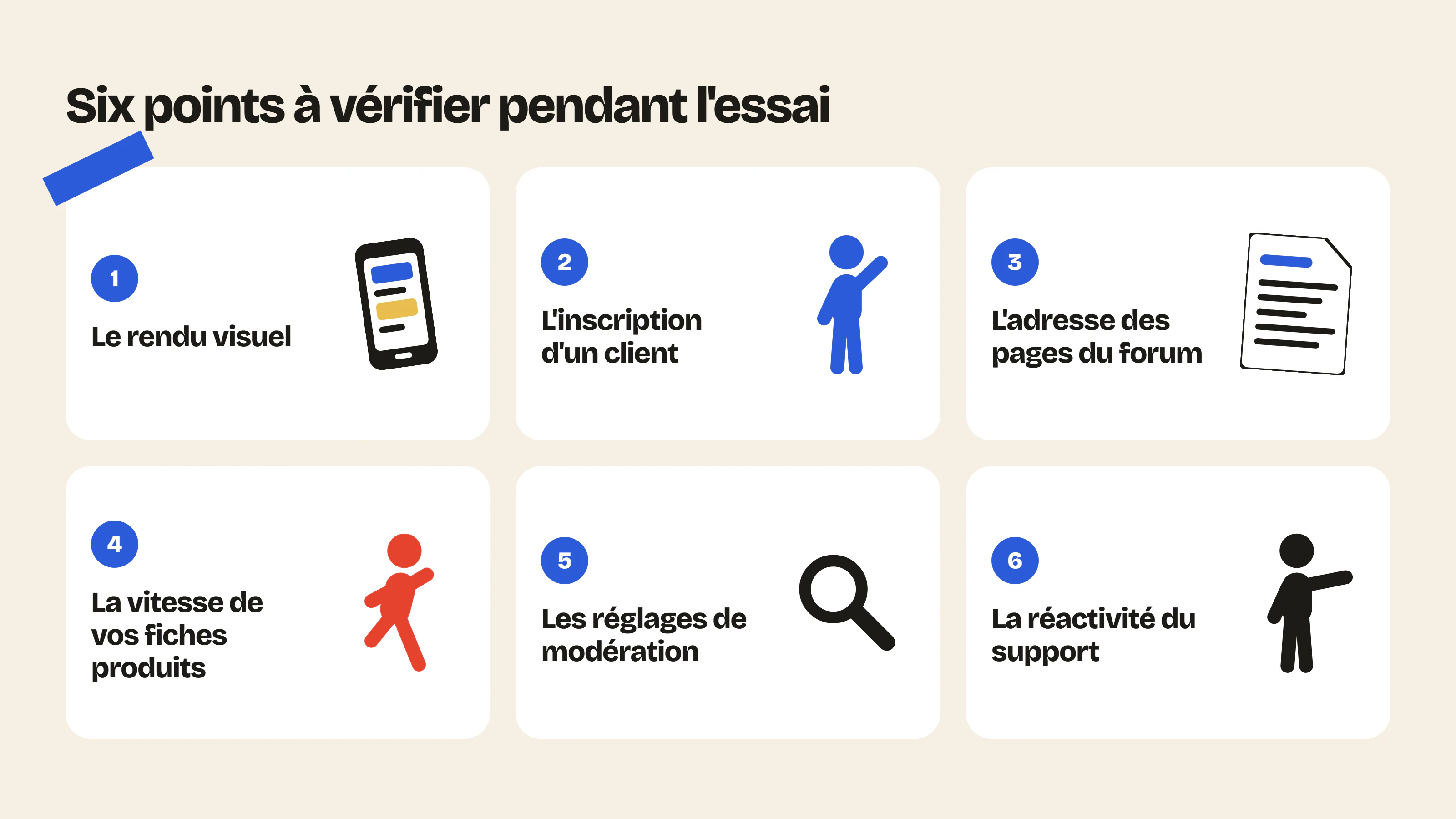 Pendant l’essai d’une application de forum Shopify, vérifiez le rendu visuel, l’inscription, l’adresse des pages, la vitesse, la modération et le support.