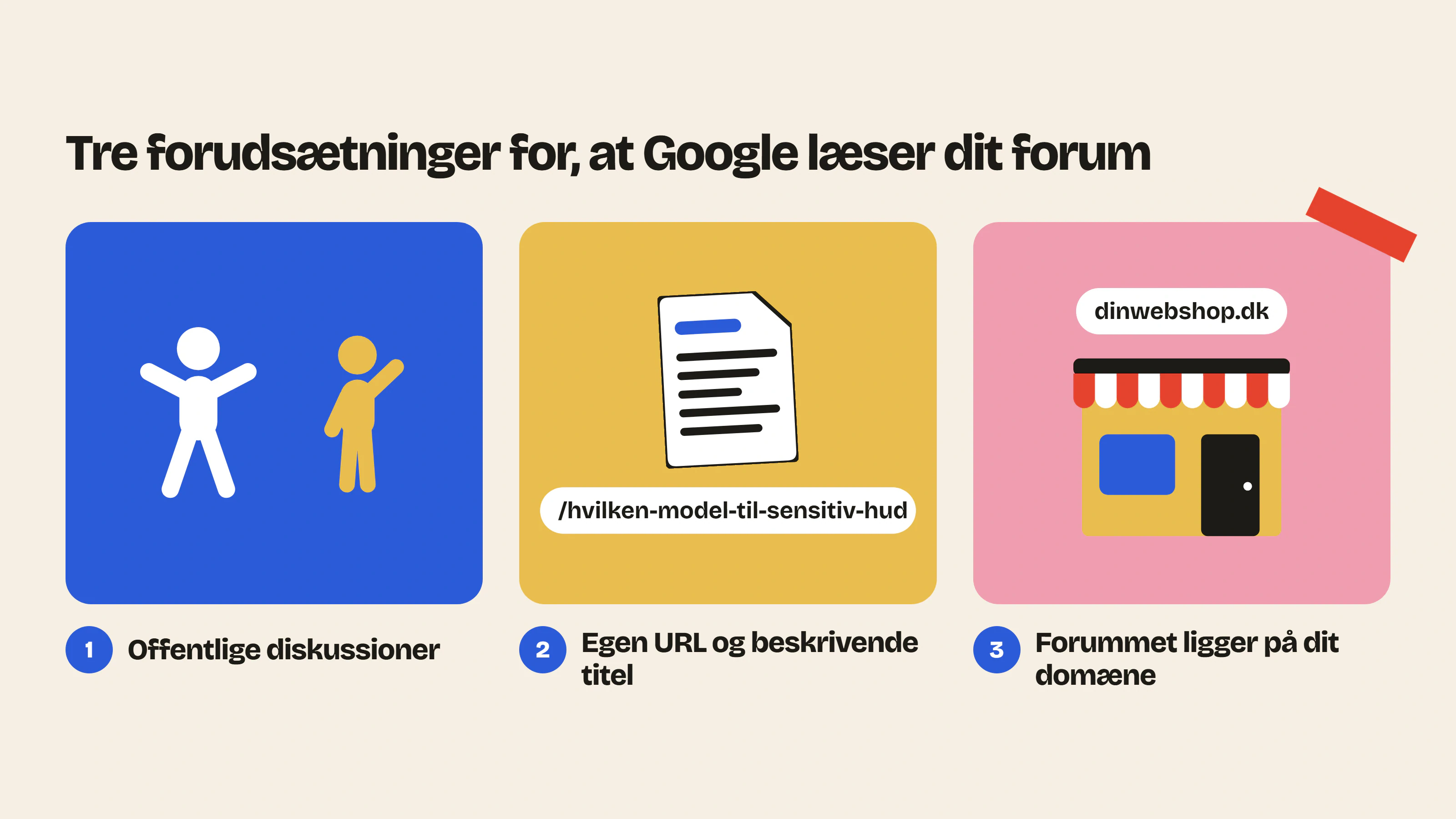 For at Google kan læse et forum, skal diskussionerne være offentlige og have hver sin URL og en beskrivende titel, og forummet skal ligge på dit eget domæne.