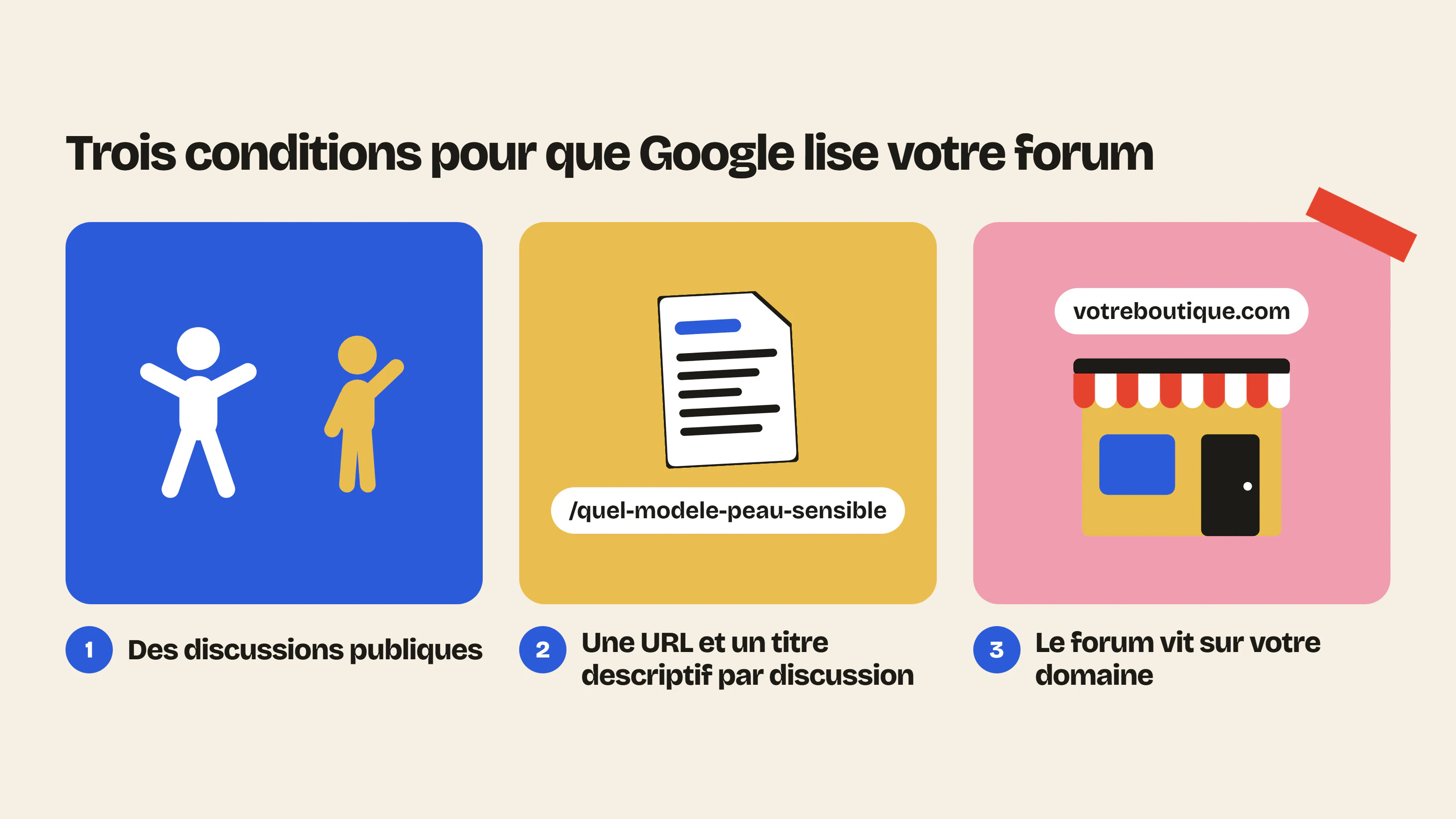 Pour que Google lise un forum : des discussions publiques, une URL et un titre descriptif par discussion, et un forum sur votre propre domaine.