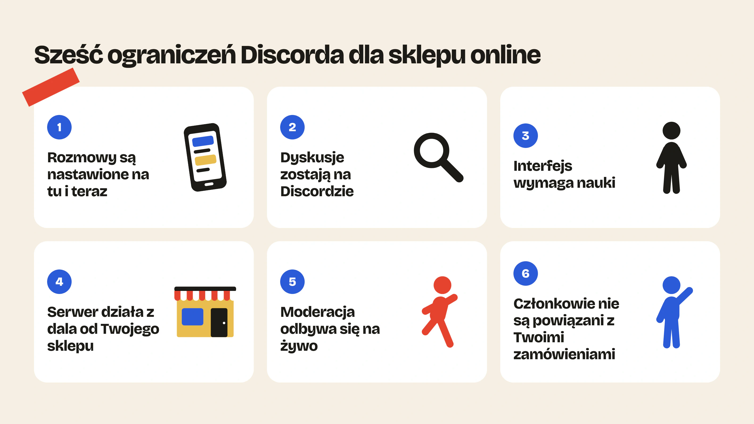 Na Discordzie rozmowy są nastawione na tu i teraz, dyskusje zostają na Discordzie, interfejs wymaga nauki, a serwer pozostaje z boku sklepu internetowego.