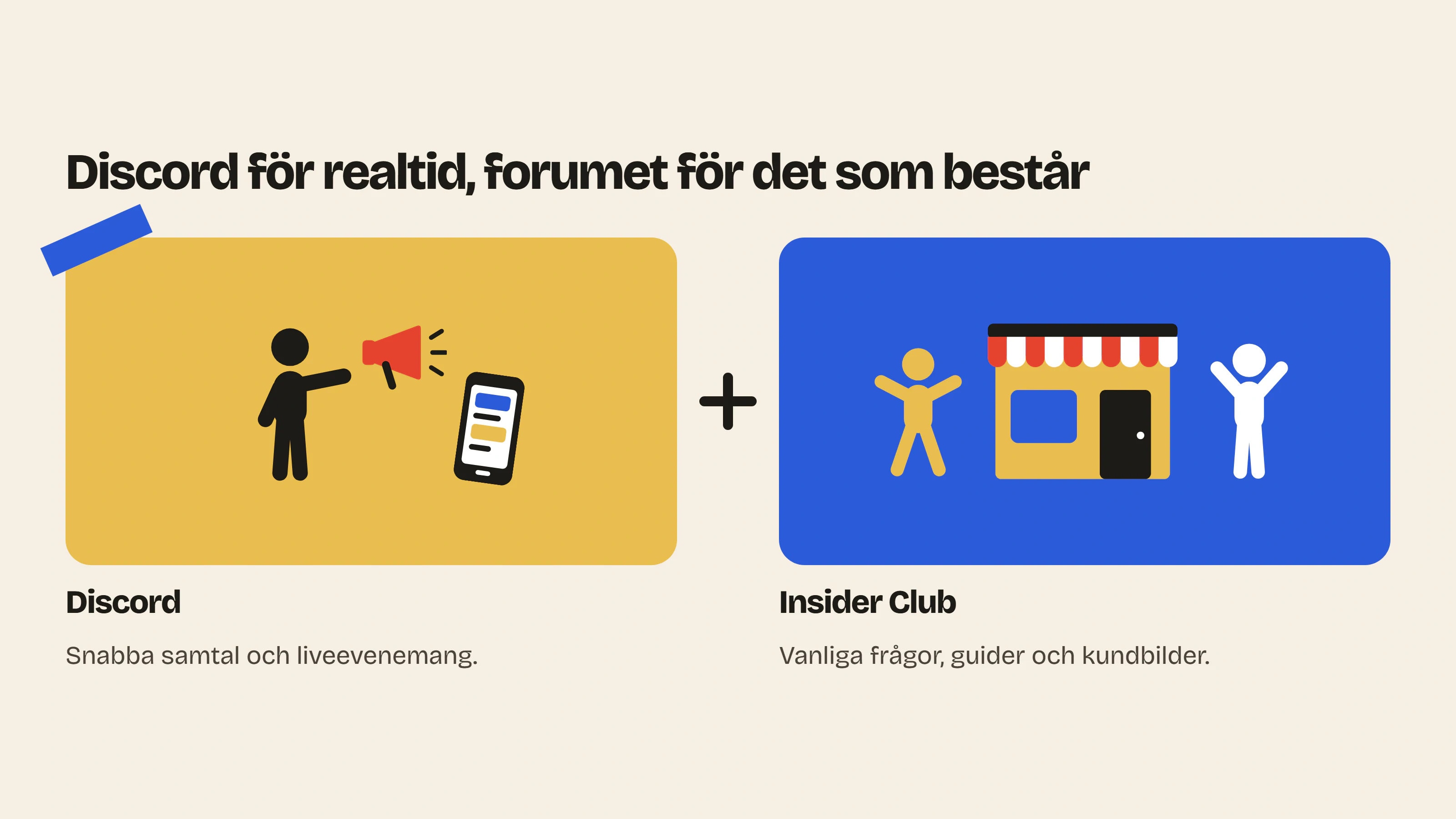 Discord för varumärken fungerar bäst i kombination: servern för samtal i realtid och ett forum i Shopify-butiken för frågor, guider och bilder som ska finnas kvar.