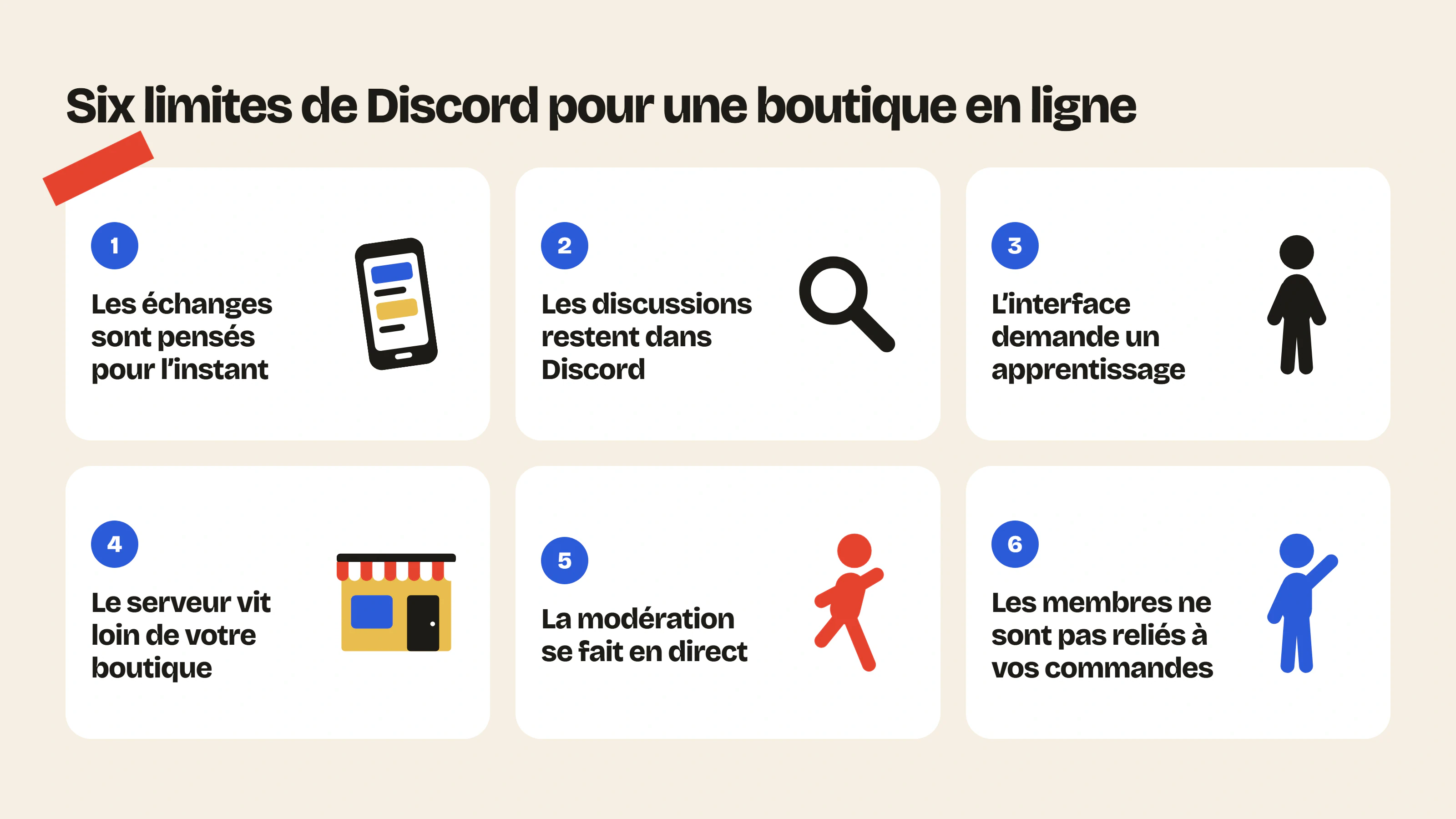 Sur Discord, les échanges sont pensés pour l’instant, les discussions restent dans Discord, l’interface demande un apprentissage et le serveur reste à l’écart de la boutique en ligne.