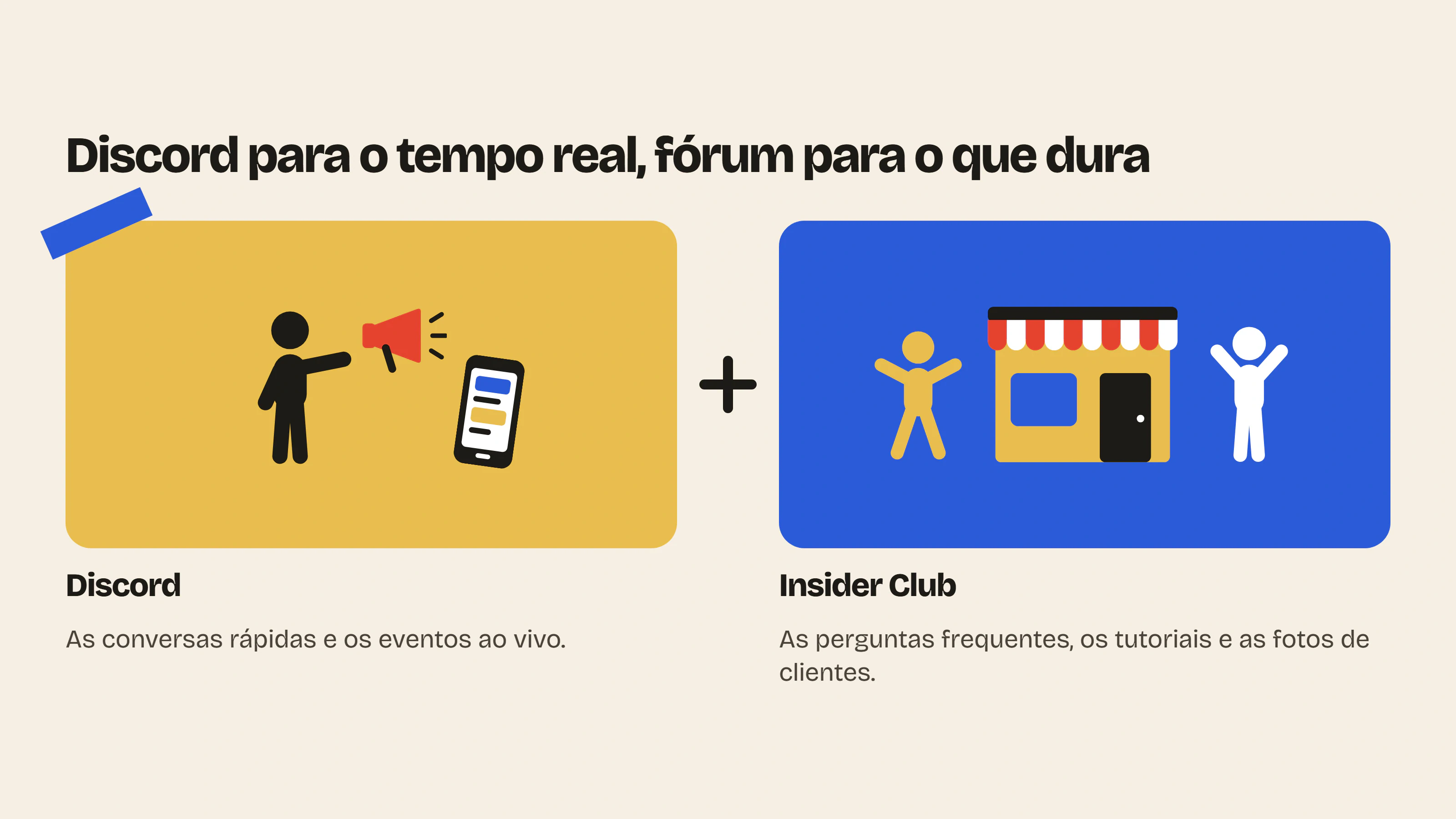 Uma marca pode manter o Discord para as conversas em tempo real e usar um fórum na sua loja Shopify para as perguntas, os tutoriais e as fotos que precisam durar.