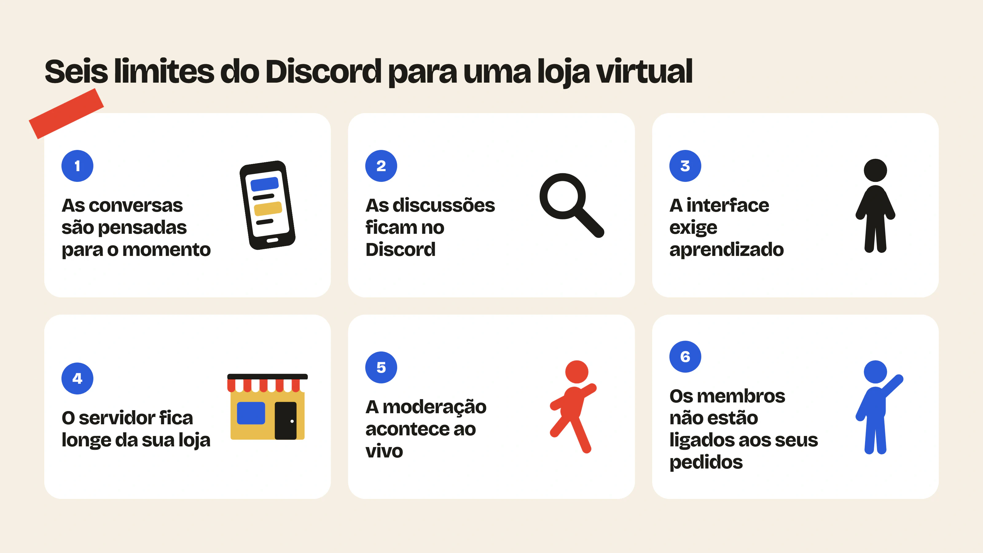 No Discord, as conversas são pensadas para o momento, as discussões ficam no Discord, a interface exige aprendizado e o servidor fica separado da loja virtual.