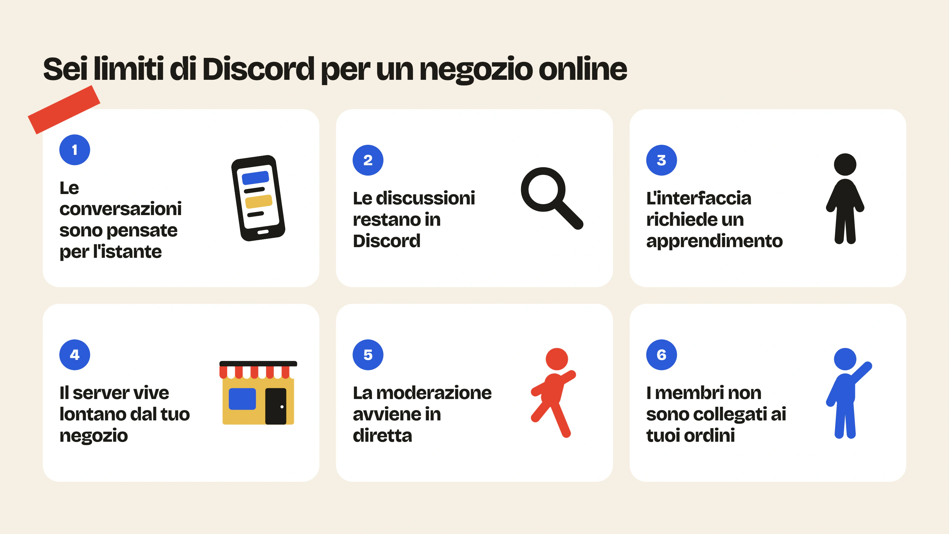 Su Discord le conversazioni sono pensate per l’istante, le discussioni restano in Discord, l’interfaccia richiede un apprendimento e il server resta separato dal negozio online.