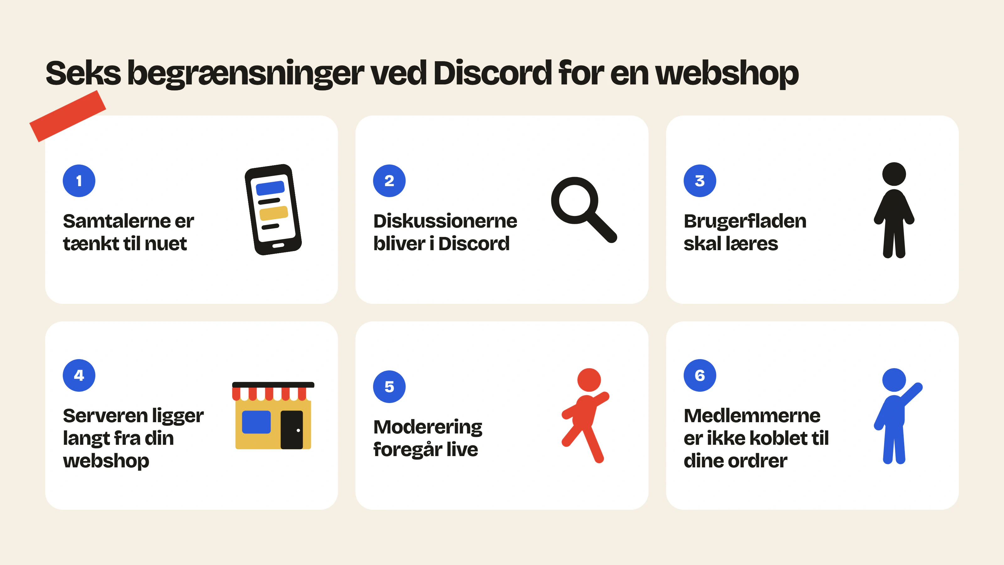 På Discord er samtalerne tænkt til nuet, diskussionerne bliver i Discord, brugerfladen skal læres, og serveren ligger adskilt fra webshoppen.