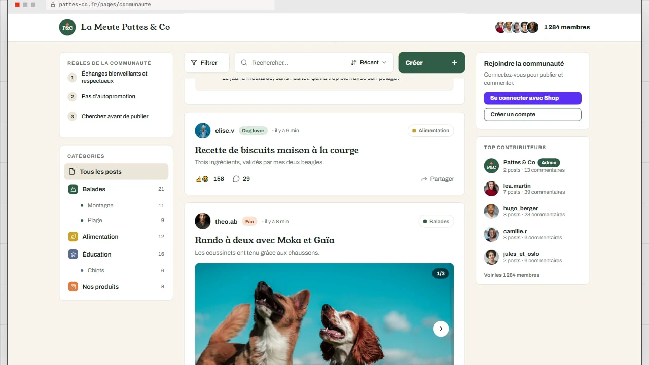 Demo of an Insider Club forum: categories, posts and active members