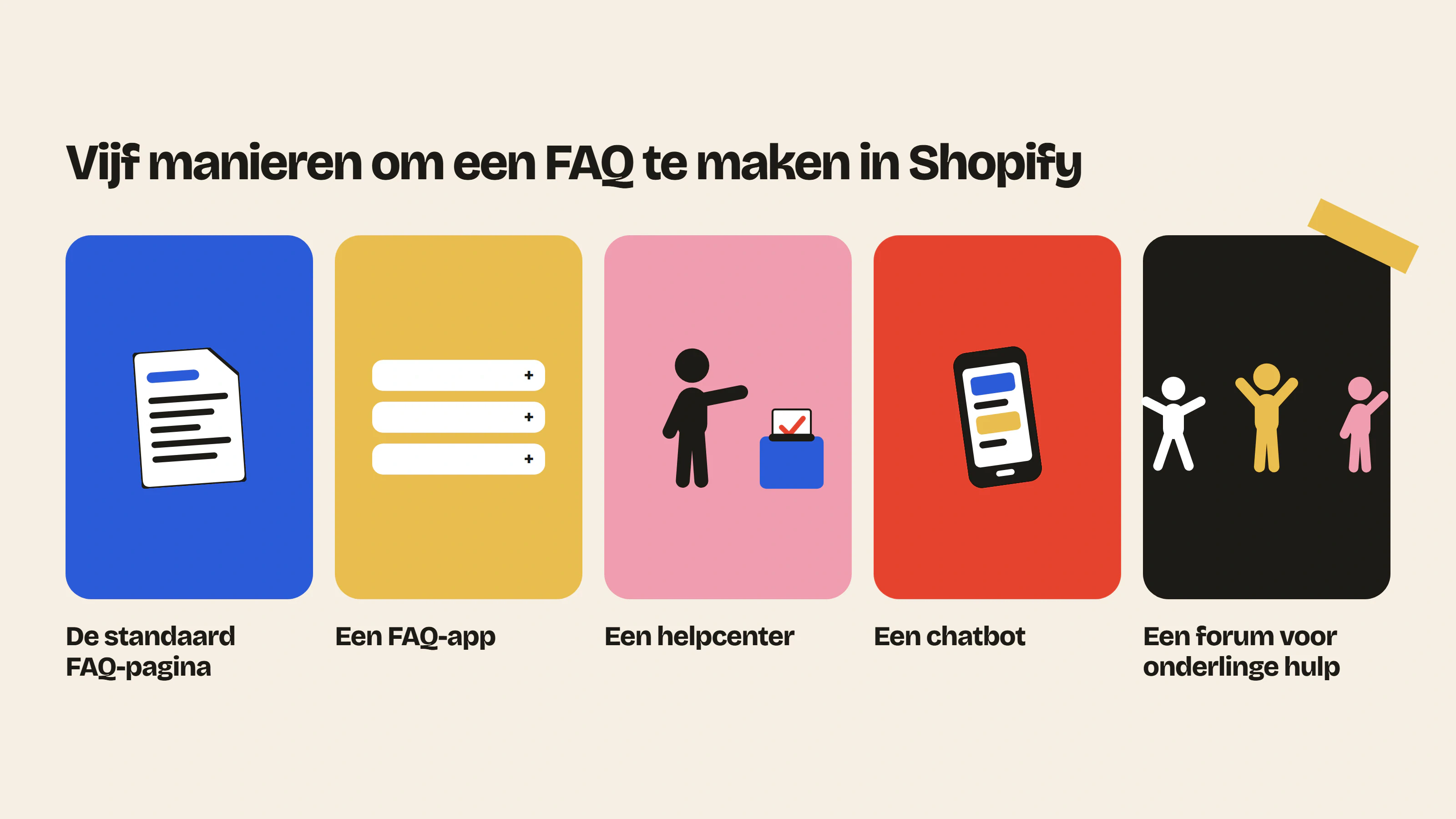 Om een FAQ te maken in Shopify kies je tussen de standaardpagina van je thema, een FAQ-app, een helpcenter, een chatbot of een forum waar klanten elkaar helpen.