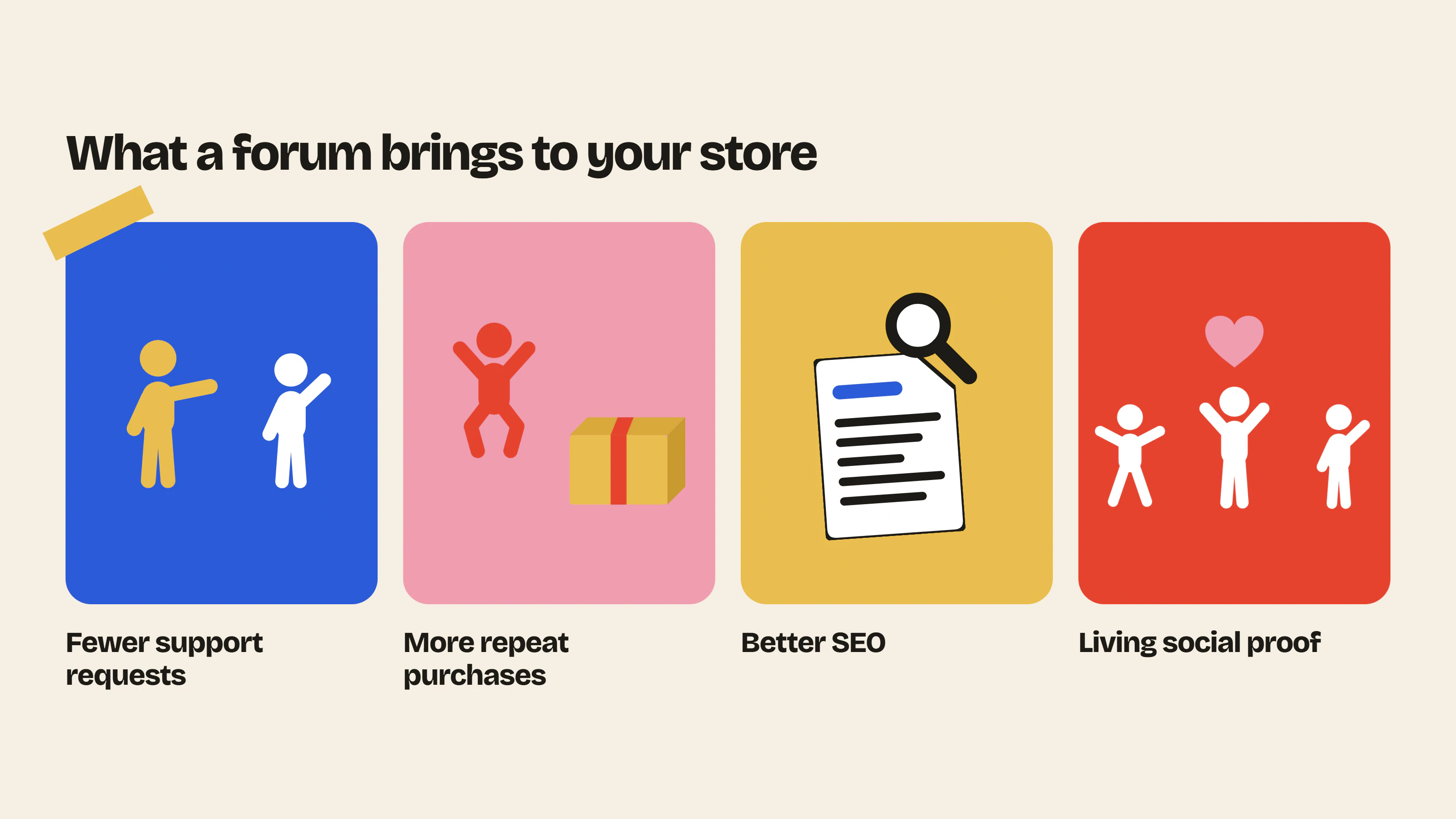 A Shopify forum means fewer support requests, more repeat purchases between orders, better SEO and living social proof for your store.