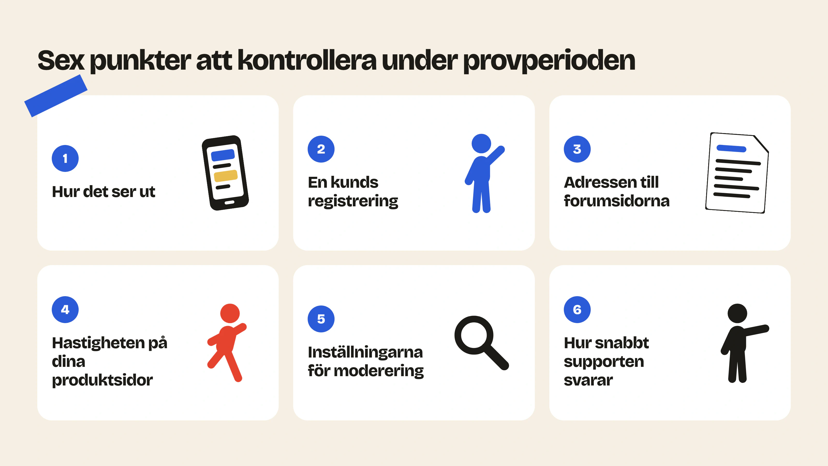 Under provperioden för en forumapp till Shopify kontrollerar du hur forumet ser ut, kundregistreringen, adressen till forumsidorna, hastigheten, modereringen och supporten.