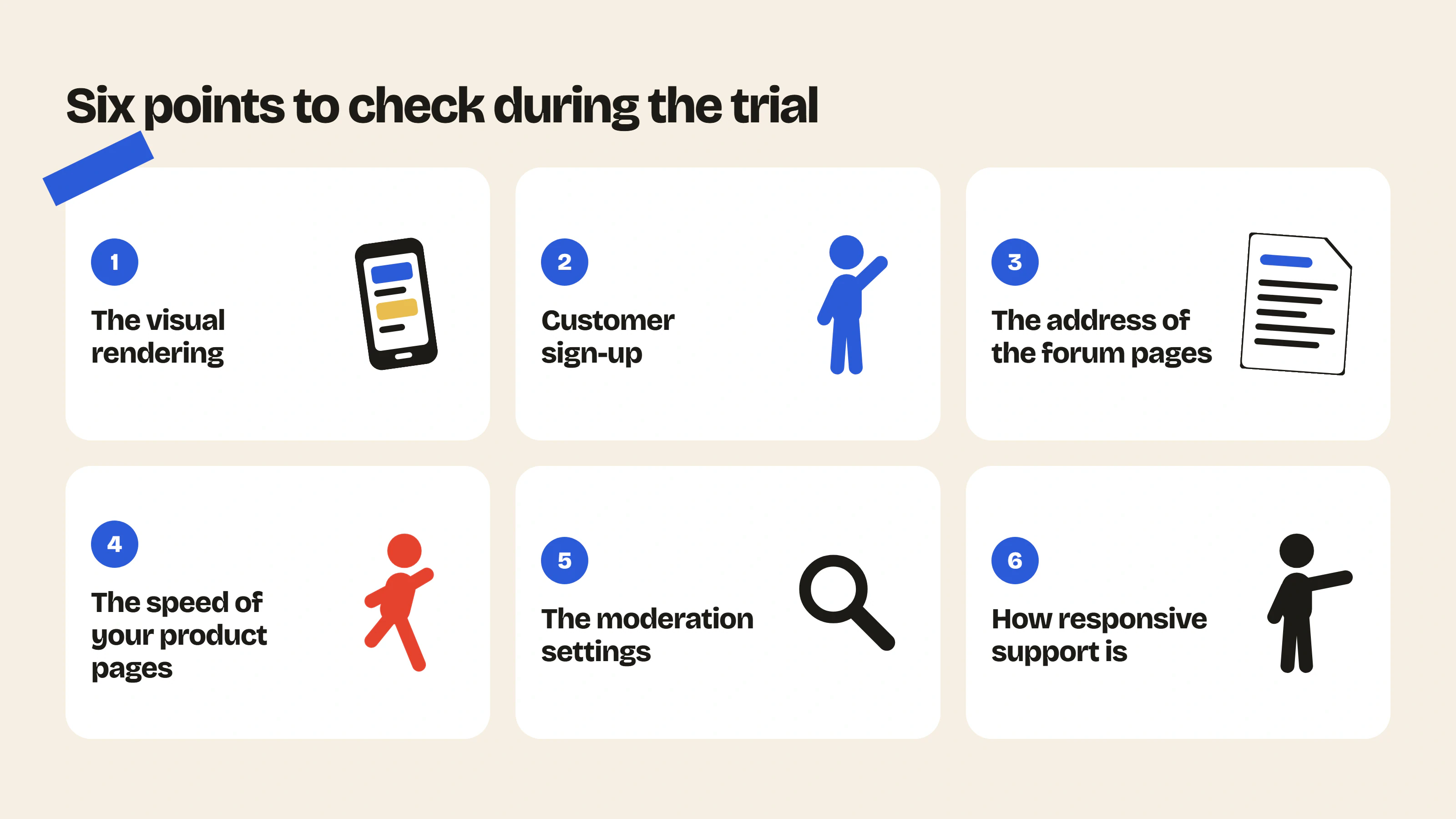 When you trial a Shopify forum app, check the visual rendering, customer sign-up, the address of the forum pages, speed, moderation settings and support.