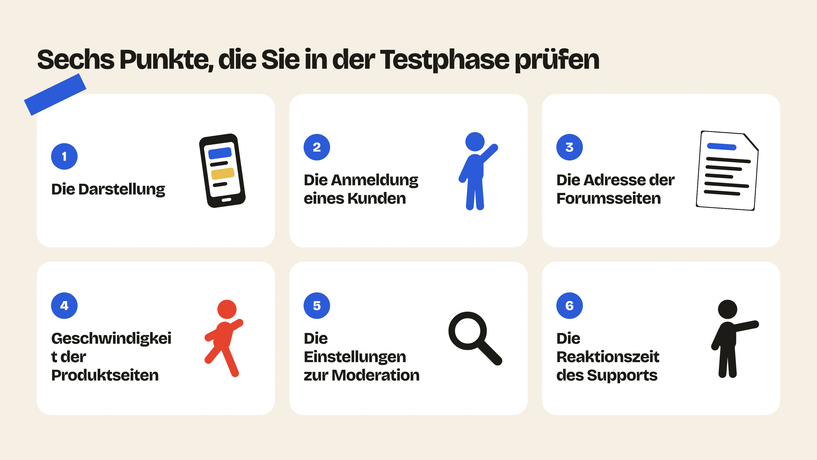 Prüfen Sie in der Testphase einer Forum-App für Shopify die Darstellung, die Anmeldung, die Adresse der Forumsseiten, die Geschwindigkeit, die Moderation und den Support.