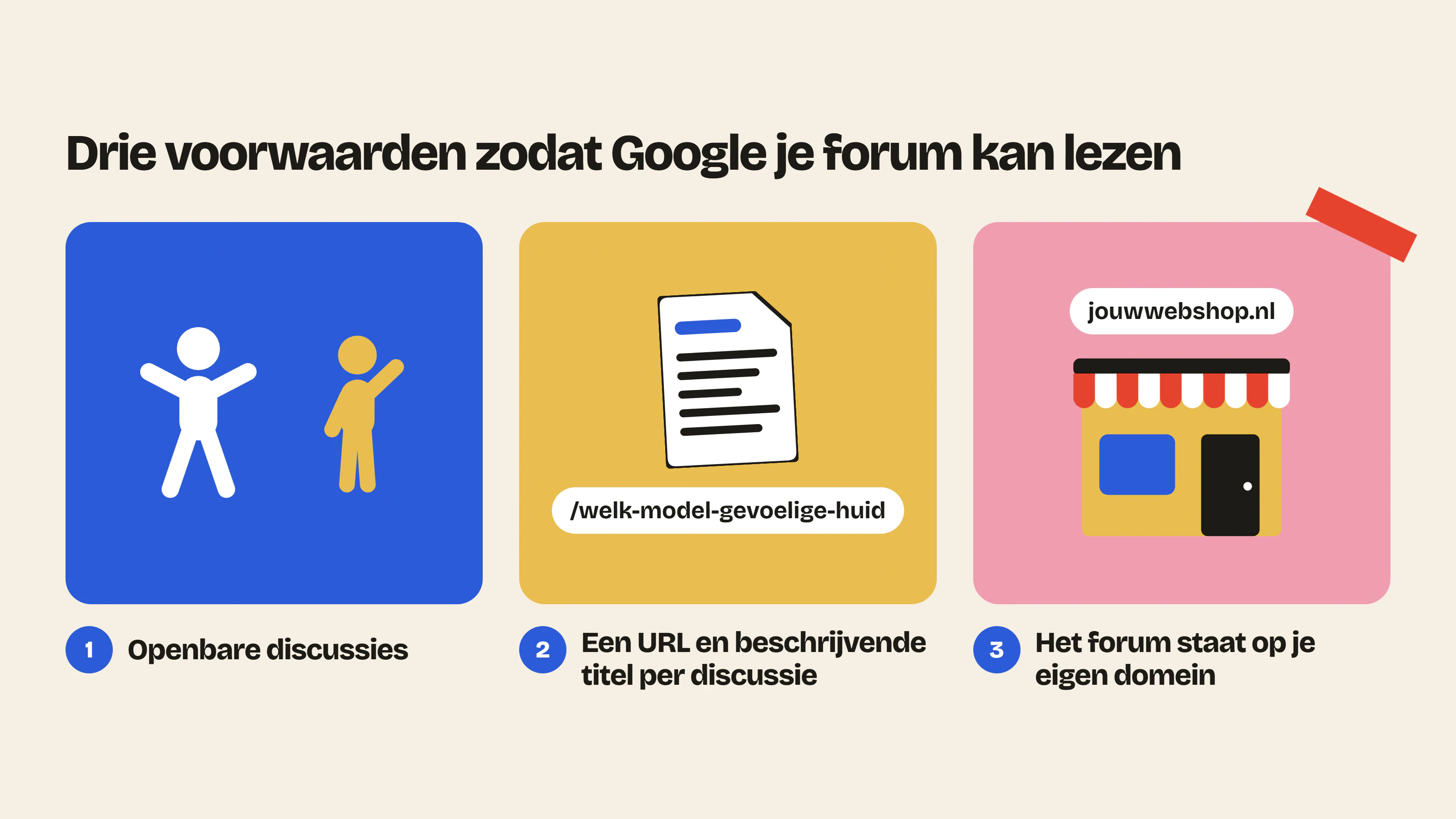 Zodat Google een forum kan lezen en je vindbaarheid helpt: openbare discussies, een eigen URL en een beschrijvende titel per discussie, en het forum op je eigen domein.
